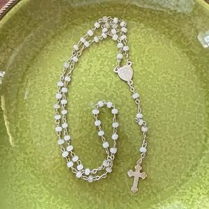 Micro Bead Rosary Vintage White Glass Our Lady of Mt Carmel 10.5" Long Italy